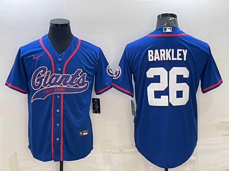 Mens New York Giants #26 Saquon Barkley Blue With Patch Cool Base Stitched Baseball Jersey->new york giants->NFL Jersey